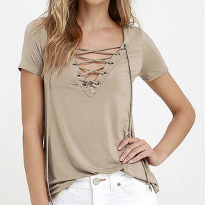 Casual Short sleeve Solid Color Bandage T-shirt