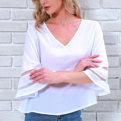 Women 3/4 Sleeve  V neck Solid Color T-shirt