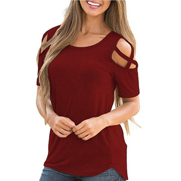 Cotton Short sleeve Cold Shoulder Round neck T-shirt