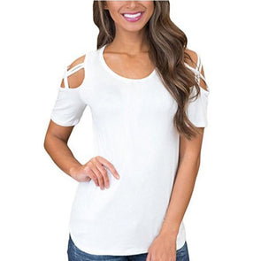 Cotton Short sleeve Cold Shoulder Round neck T-shirt