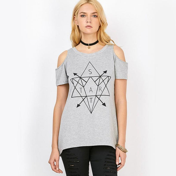 Cold Shoulder Geometry Print Round neck T-shirt