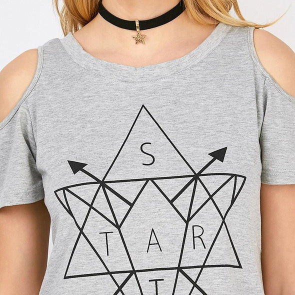 Cold Shoulder Geometry Print Round neck T-shirt