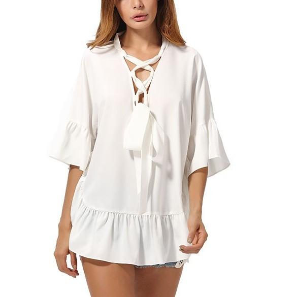 Chiffon Short Sleeve Bell Sleeve Bandage V-Neck Blouses