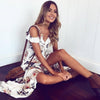 Chiffon Short Sleeve Cold Shoulder Print V Neck Split Maxi Dresses