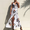 Chiffon Short Sleeve Cold Shoulder Print V Neck Split Maxi Dresses