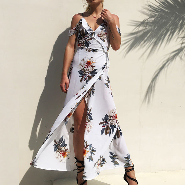 Chiffon Short Sleeve Cold Shoulder Print V Neck Split Maxi Dresses