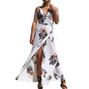 Chiffon Short Sleeve Cold Shoulder Print V Neck Split Maxi Dresses