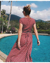 Chiffon Cap sleeve Dots V neck Bandage High waist Maxi Dresses