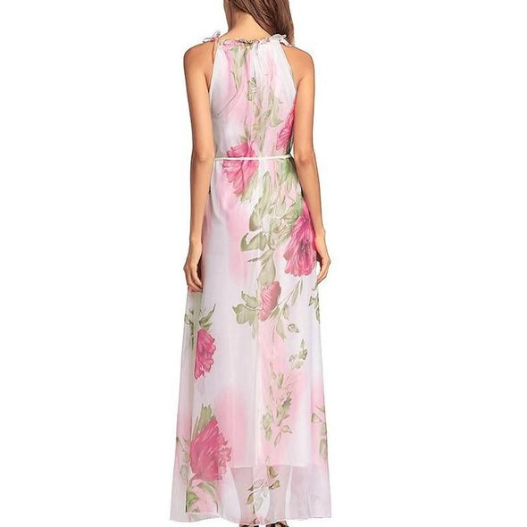 Chiffon Sleeveless Print Bandage Maxi Dresses