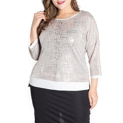 3/4 sleeve Hit Color Round neck Patchwork Plus size Tops