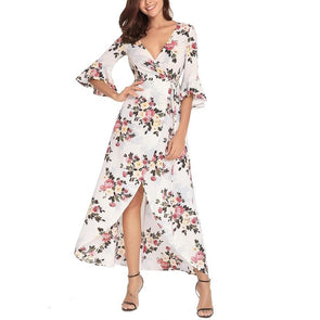 Bell sleeve Print Maxi V neck Split Bandage High waist Maxi Dresses