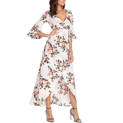 Bell sleeve Print Maxi V neck Split Bandage High waist Maxi Dresses