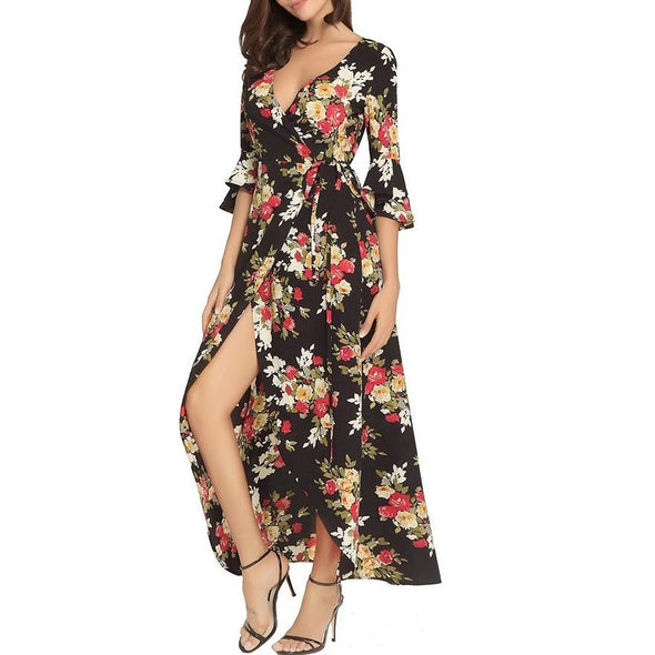 Bell sleeve Print Maxi V neck Split Bandage High waist Maxi Dresses