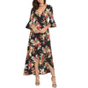 Bell sleeve Print Maxi V neck Split Bandage High waist Maxi Dresses