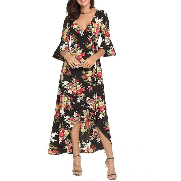 Bell sleeve Print Maxi V neck Split Bandage High waist Maxi Dresses