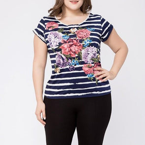 Cotton Short Sleeve Print Round Neck Embroidery Plus Size Tops