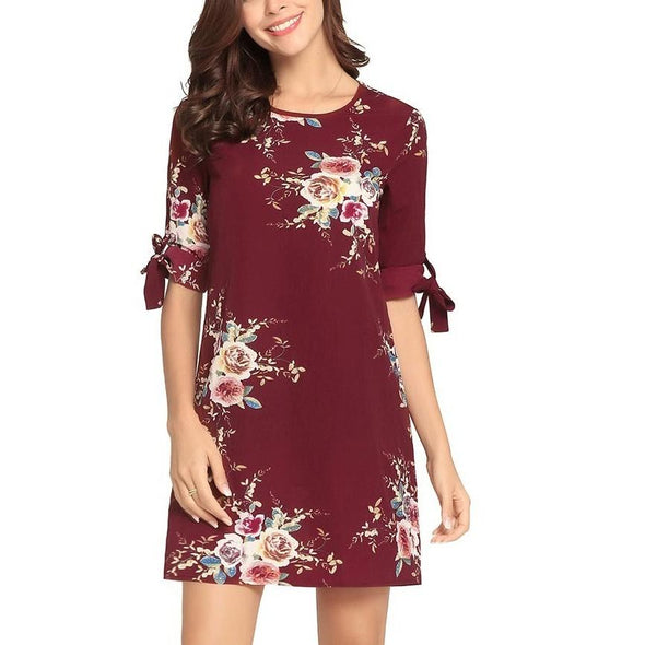 3/4  Sleeve Print Mini Round Neck Bandage  Floral Dresses