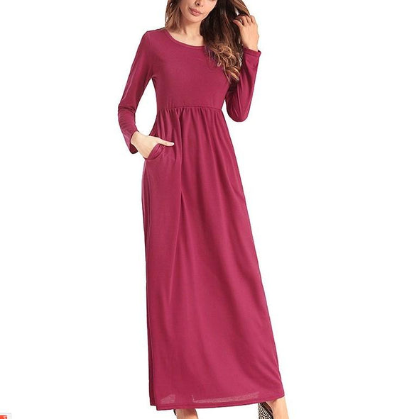 Cotton Long sleeve Round neck Elastic waist Maxi Dresses