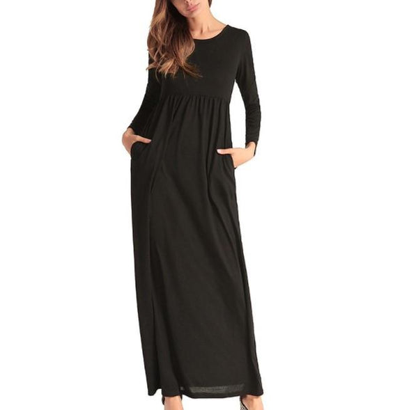 Cotton Long sleeve Round neck Elastic waist Maxi Dresses