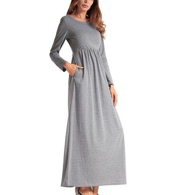 Cotton Long sleeve Round neck Elastic waist Maxi Dresses