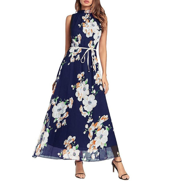 Chiffon Sleeveless Print Round neck Bandage Maxi Dresses