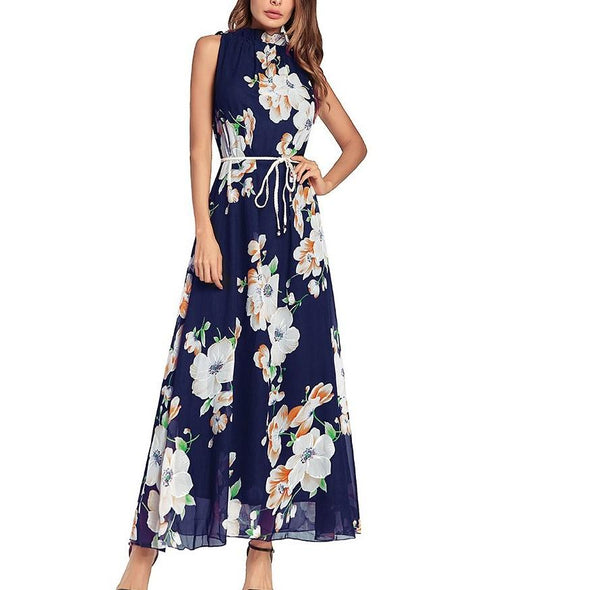 Chiffon Sleeveless Print Round neck Bandage Maxi Dresses