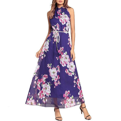 Chiffon Sleeveless Print Round neck Bandage Maxi Dresses