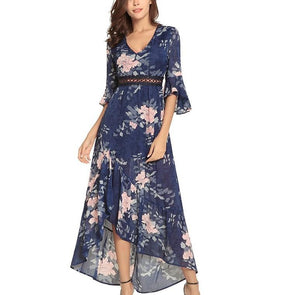 3/4 Sleeve Lotus Leaf Sleeve Print V Neck Maxi Dresses