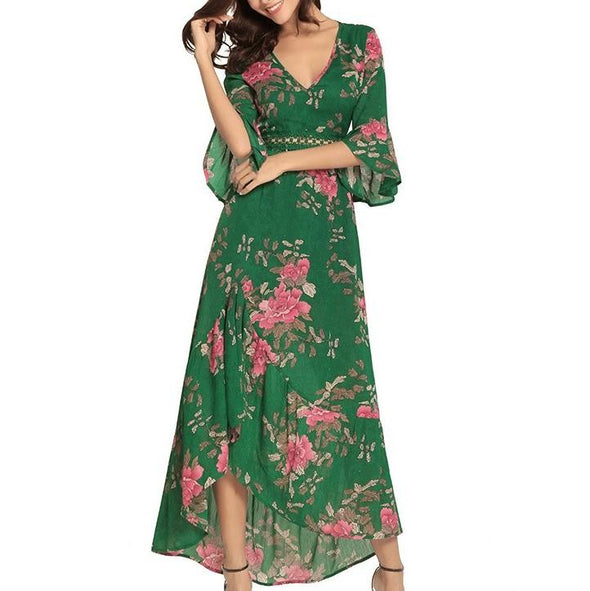 3/4 Sleeve Lotus Leaf Sleeve Print V Neck Maxi Dresses