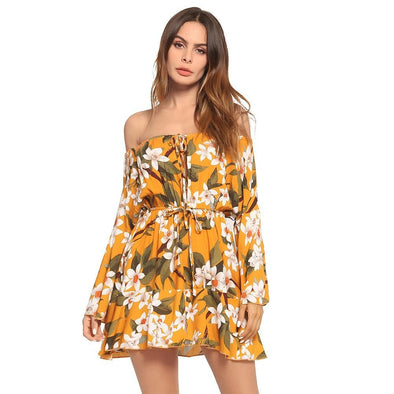 Bell Sleeve Print Mini Off Shoulder Bandage Vacation Dresses