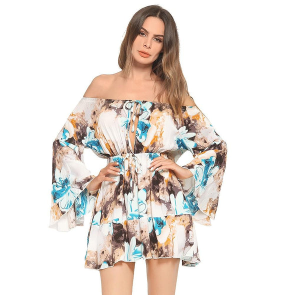 Bell Sleeve Print Mini Off Shoulder Bandage Vacation Dresses