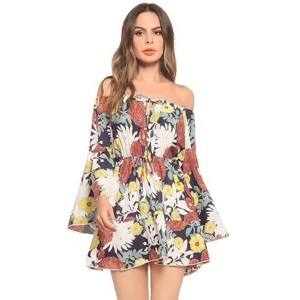 Bell Sleeve Print Mini Off Shoulder Bandage Vacation Dresses