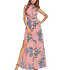 Chiffon Sleeveless Print Round neck Split High waist Maxi Dresses