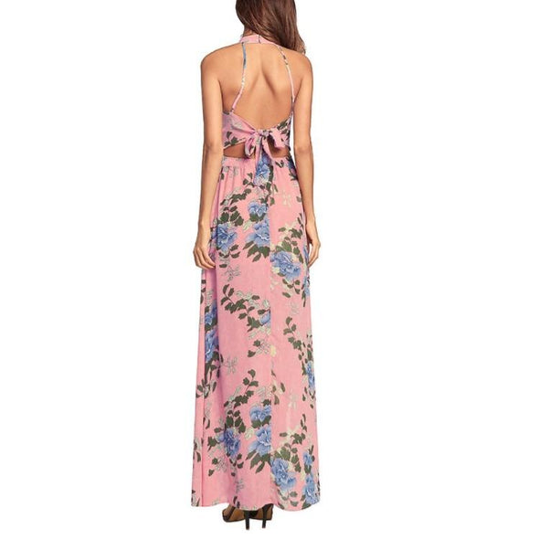 Chiffon Sleeveless Print Round neck Split High waist Maxi Dresses