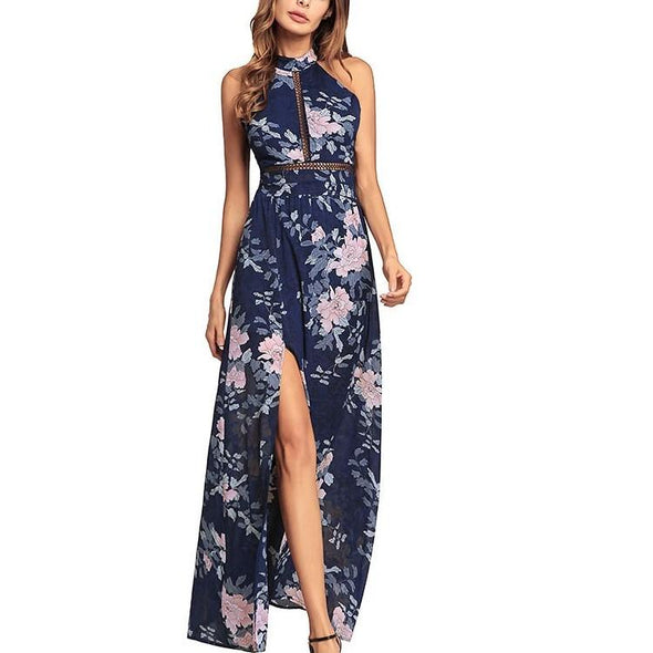 Chiffon Sleeveless Print Round neck Split High waist Maxi Dresses