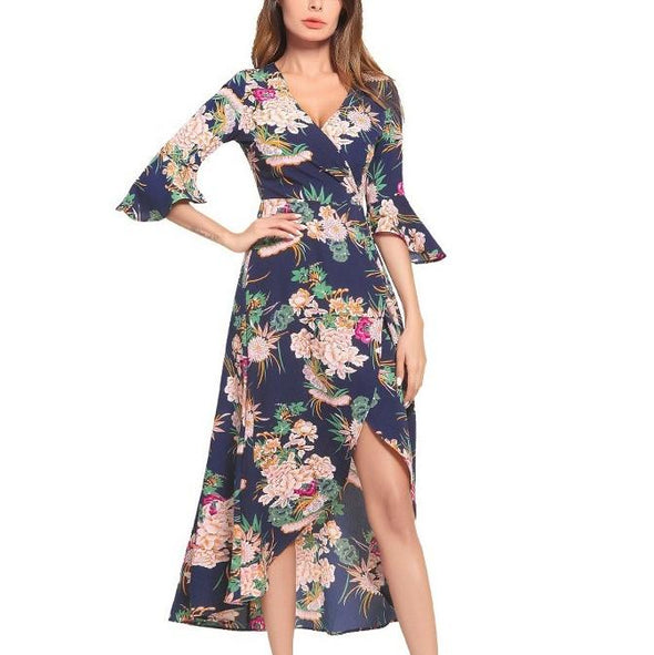 3/4 Sleeve Bell Sleeve Print V neck Split Floral Dresses