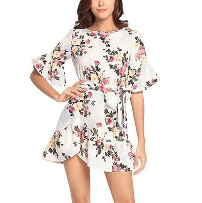 3/4 Sleeve Bell Sleeve Print Mini Round Neck Bandage Floral Dresses