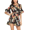 3/4 Sleeve Bell Sleeve Print Mini Round Neck Bandage Floral Dresses