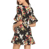 3/4 Sleeve Bell Sleeve Print Mini Round Neck Bandage Floral Dresses