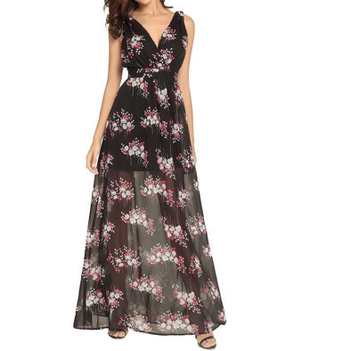 Chiffon Print  V neck Elastic waist High waist Maxi Dresses