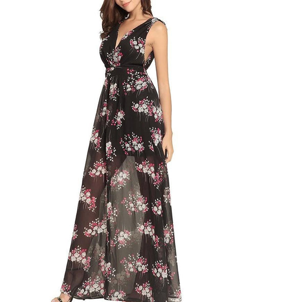 Chiffon Print  V neck Elastic waist High waist Maxi Dresses