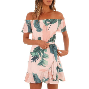 Cold Shoulder Print Mini Off Shoulder Vacation Dresses