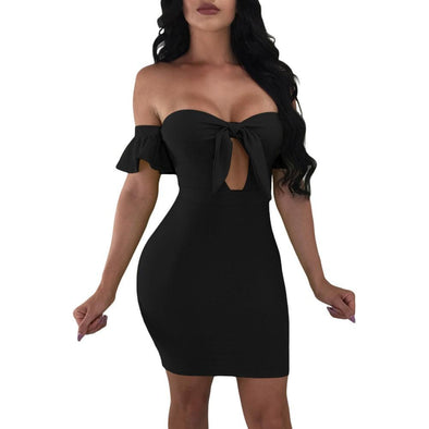 Bell Sleeve Mini Off Shoulder Openwork High Waist Bodycon Dresses