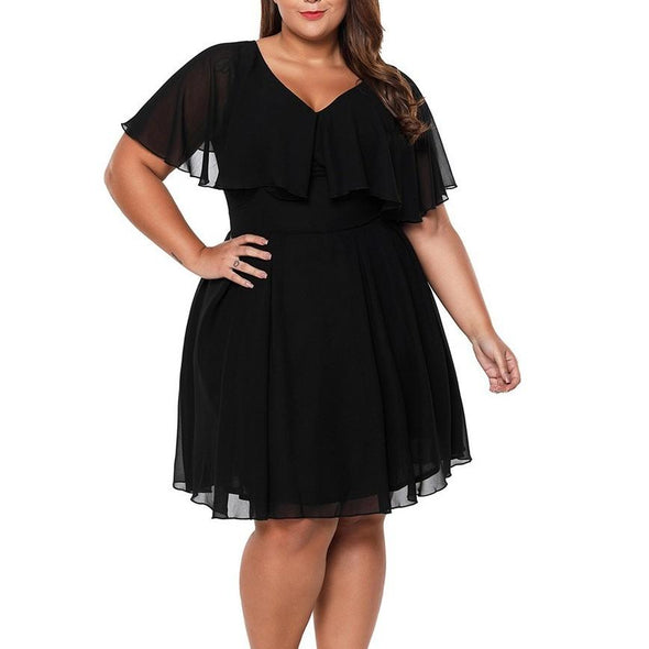 Chiffon Lotus leaf sleeve V neck Plus size casual Dresses