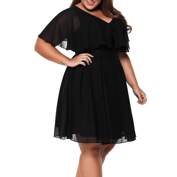 Chiffon Lotus leaf sleeve V neck Plus size casual Dresses