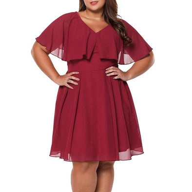 Chiffon Lotus leaf sleeve V neck Plus size casual Dresses