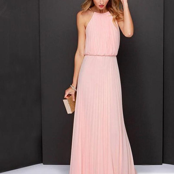 Chiffon Sleeveless Maxi Round Neck Middle Waist Evening Dresses