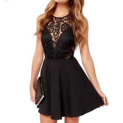 Black Sleeveless Mini Round Neck High Waist Skater Dresses