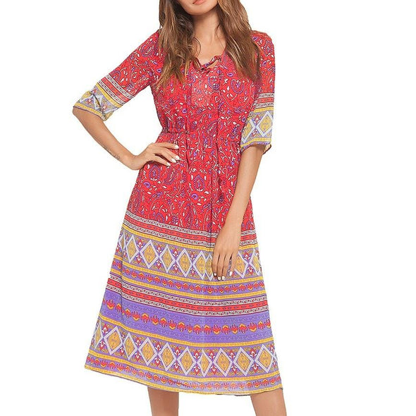 Chiffon 3/4 Sleeve Print Knee Length V Neck Elastic Waist Vacation Dresses