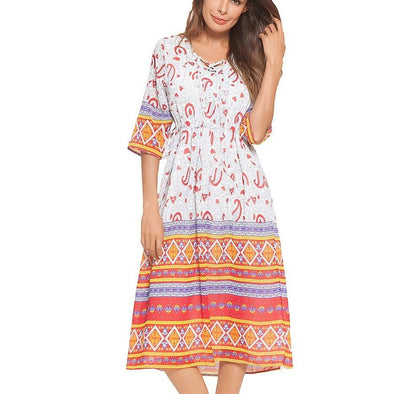 Chiffon 3/4 Sleeve Print Knee Length V Neck Elastic Waist Vacation Dresses